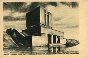 Poczt&oacute;wka-cegiełka na budowę pomnika-mauzoleum poległych w bitwie pod Ostrołęką, wg projektu Romana Zerycha i Borysa Zsinserlinga, Warszawa 1930 r.