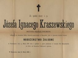 Informacja o mszy za spok&oacute;j duszy ś.p. J.I. Kraszewskiego w pierwszą rocznicę śmierci, Rzesz&oacute;w 18 marzec 1888 r.  APŁ, Archiwum rodziny Bartoszewicz&oacute;w, sygn. 2742 s.9.
