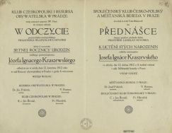 Zaproszenie Klubu Czeskopolskiego i Resursy Obywatelskiej w Pradze na odczyt w celu uczczenia setnych urodzin J.I. Kraszewskiego.  APŁ, Archiwum rodziny Bartoszewicz&oacute;w, sygn. 2740 s.34-35.