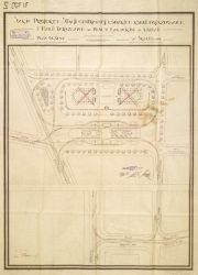 Szkic projektu stacji centralnej Ł&oacute;dzkich Kolei Dojazdowych i hal targowych na Placu Bałuckim w Łodzi z 1917 r. Archiwum Państwowe w Łodzi, Akta m. Łodzi, sygn. 23156