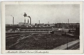 Widok na halę targową na G&oacute;rniaku ok. 1940 r. Archiwum Państwowe w Łodzi, Zbi&oacute;r ikonograficzny, sygn. Ł-I 3/122