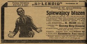Reklama w prasie zapraszająca do kina Splendid na fenomenalny film śpiewno-dźwiękowy 