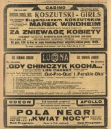 Reklama prasowa dotycząca premier w kinach: Casino, Luna oraz Odeon (1926 r.) Express Wieczorny Ilustrowany