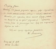 Henryk Sienkiewicz. List do Kazimierza Bartoszewicza, 1916 r.