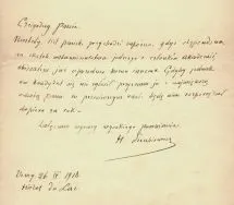 Henryk Sienkiewicz. List do Kazimierza Bartoszewicza, 1916 r.