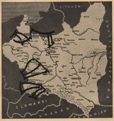 Niemiecka mapa przedstawiająca gł&oacute;wne kierunki natarcia wojsk niemieckich na Polskę we wrześniu 1939 r. [Zbi&oacute;r album&oacute;w ikonograficznych, A-99]