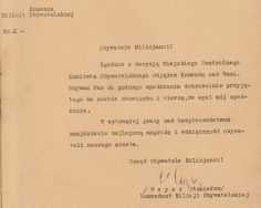 Odezwa Komendanta Milicji Obywatelskiej Stanisława Weyera informująca o objęciu przezeń komendy i wzywająca milicjant&oacute;w do godnej służby, Ł&oacute;dź 7 września 1939 r. [Komenda Milicji Obywatelskiej Miasta Łodzi, sygn. 1]