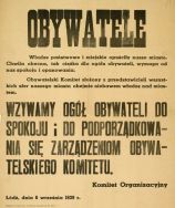 Pierwsza odezwa Komitetu Obywatelskiego Miasta Łodzi, w kt&oacute;rej informuje on o objęciu władzy w mieście oraz wzywa ludność do zachowania spokoju i podporządkowania się jego zarządzeniom, 6 września 1939 r. [Zbi&oacute;r druk&oacute;w i pism ulotnych, sygn. 398]
