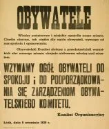 Pierwsza odezwa Komitetu Obywatelskiego Miasta Łodzi, w kt&oacute;rej informuje on o objęciu władzy w mieście oraz wzywa ludność do zachowania spokoju i podporządkowania się jego zarządzeniom, 6 września 1939 r. [Zbi&oacute;r druk&oacute;w i pism ulotnych, sygn. 398]