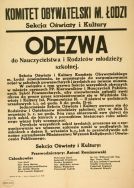 Ogłoszenie Sekcji Oświaty i Kultury Komitetu Obywatelskiego Miasta Łodzi informujące o przystąpieniu do organizowania zajęć szkolnych i inaugurowaniu roku szkolnego 11 września, Ł&oacute;dź ok. 8 września 1939 r. [Zbi&oacute;r druk&oacute;w i pism ulotnych, sygn. 398]