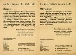 Odezwa Sekcji Zdrowia Komitetu Obywatelskiego Miasta Łodzi wzywająca mieszkańc&oacute;w do przekazywania dar&oacute;w na rzecz szpitali i rannych żołnierzy polskich. [Zbi&oacute;r druk&oacute;w i pism ulotnych, sygn. 398]