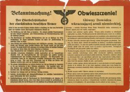 Obwieszczenie Gł&oacute;wnego Dow&oacute;dcy wkraczającej armii niemieckiej o zachowaniu się ludności na obszarze zajętym przez wojska niemieckie [Zbi&oacute;r druk&oacute;w i pism ulotnych, sygn. 402]
