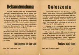Ogłoszenie Komisarza Miasta Łodzi, wzywające ludność cywilną do wydania władzom niemieckim - pod groźbą sankcji karnych - mundur&oacute;w i części uzbrojenia wojska polskiego.Ł&oacute;dź 3 listopada 1939 r. [Zbi&oacute;r druk&oacute;w i pism ulotnych, sygn. 402]