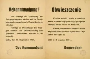 Obwieszczenie okupacyjnych władz niemieckich w sprawie składanych przez Polak&oacute;w wniosk&oacute;w i pr&oacute;śb o zwolnienie polskich jeńc&oacute;w wojennych, Ł&oacute;dź 18 września 1939 r. [Zbi&oacute;r druk&oacute;w i pism ulotnych, sygn. 402]