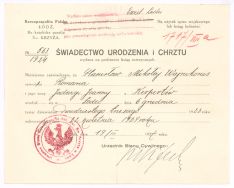 Odpis z metryki urodzenia Stanisława Mikołaja Wajnikonisa  z ksiąg parafii rzymskokatolickiej Podwyższenia Świętego Krzyża w Łodzi z 06.12.1923 r. &ndash;  APŁ, Dowody do Rejestru mieszkańc&oacute;w miasta Łodzi