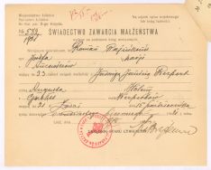 Odpis metryki małżeństwa Romana Wajnikonisa z Jadwigą Joanną Kerpert z ksiąg parafii rzymskokatolickiej Podwyższenia Świętego Krzyża w Łodzi z 15.10.1921 r.  &ndash; APŁ, Dowody do Ksiąg ludności stałej miasta Łodzi 