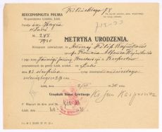 Odpis z metryki urodzenia Andrzeja Filipa Wajnikonisa z ksiąg parafii rzymskokatolickiej Podwyższenia Świętego Krzyża w Łodzi z 23.08.1929 r.  &ndash; APŁ, Dowody do Ksiąg ludności stałej miasta Łodzi