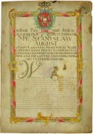 Kr&oacute;l polski, Stanisław August Poniatowski nadaje Janowi Bykowskiemu i jego potomkom dyplom szlachectwa i prawo używania herbu Gryf. 20 kwietnia 1776 r. Karta; pergamin. APŁ, Zbi&oacute;r dyplom&oacute;w, sygn. T-101.