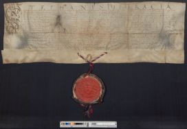 Kr&oacute;l Polski, Stefan Batory zatwierdza bractwu sprzedawc&oacute;w soli uprawnienia statutowe, zatwierdzone uprzednio przez kr&oacute;la Zygmunta Augusta w 1559 r. 12 sierpnia 1576 r., Warszawa. Pieczęć koronna w futerale. APŁ, Zbi&oacute;r dyplom&oacute;w, sygn. 127.