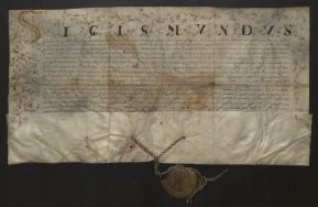 Kr&oacute;l Polski, Zygmunt III Waza nadaje miastu Warta prawo do podwyższonego cła w mieście. 18 czerwca 1607 r. Karta; rękopis; pergamin; język łaciński; pieczęć koronna na kolorowym sznurze w woskowej misce. APŁ, Zbi&oacute;r dyplom&oacute;w, sygn. 130.
