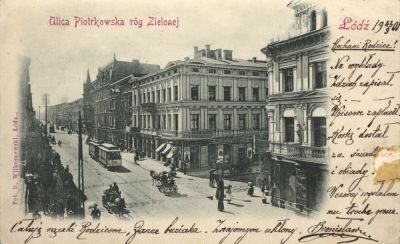 Ul. Piotrkowska r&oacute;g Zielonej, z cyklu Widoki m. Łodzi, fot. B. Wilkoszewski, 1896 r. 