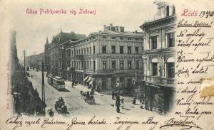 Ul. Piotrkowska r&oacute;g Zielonej, z cyklu Widoki m. Łodzi, fot. B. Wilkoszewski, 1896 r. 
