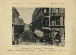 Ul. Piotrkowska, cukiernia A. Roszkowskiego i pasaż Mayera, z cyklu Widoki m. Łodzi, fot. B. Wilkoszewski, 1896 r. 