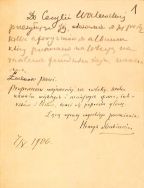 List Henryka Sienkiewicza do Cecylii hr. Walewskiej z 7 maja 1906 r. dotyczący przesłanych przez pisarza aforyzm&oacute;w do albumu przeznaczonego na loterię na zasilenie funduszu tajnego nauczania.