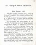 List otwarty Władysława Studnickiego do Henryka Sienkiewicza, w kt&oacute;rym apeluje do pisarza, aby poparł swoim autorytetem Legiony Polskie. Lozanna, kwiecień 1915 r.
