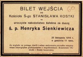 Bilet wejścia do kościoła św. Stanisława Kostki w Łodzi na uroczyste nabożeństwo żałobne za duszę Henryka Sienkiewicza w dniu 25 listopada 1916 r.