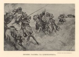 &bdquo;Zbyszko naciera na Lichtensteina&rdquo; &ndash; ilustracja malarska Stanisława Kaczora-Batowskiego do powieści H. Sienkiewicza &bdquo;Krzyżacy&rdquo;.